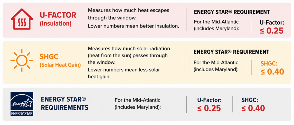 Horizontal infographic explaining key window performance ratings for Maryland homeowners. The graphic defines U-Factor as a measure of heat transfer through a window, noting that lower numbers indicate better insulation, and defines Solar Heat Gain Coefficient (SHGC) as a measure of how much solar heat passes through the glass, with lower numbers indicating less heat gain. The infographic also highlights ENERGY STAR requirements for the Mid-Atlantic climate zone, showing a maximum U-Factor of 0.25 and maximum SHGC of 0.40. Icons of a house, sun, and ENERGY STAR logo accompany each section.