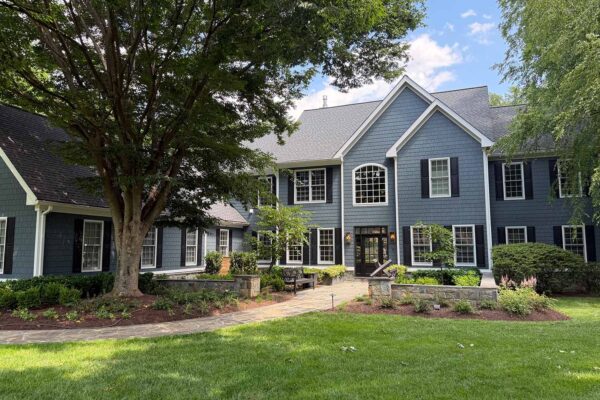 Beautiful entry to home in Edgewater Maryland with new windows, doors, roof and siding in Evening Blue